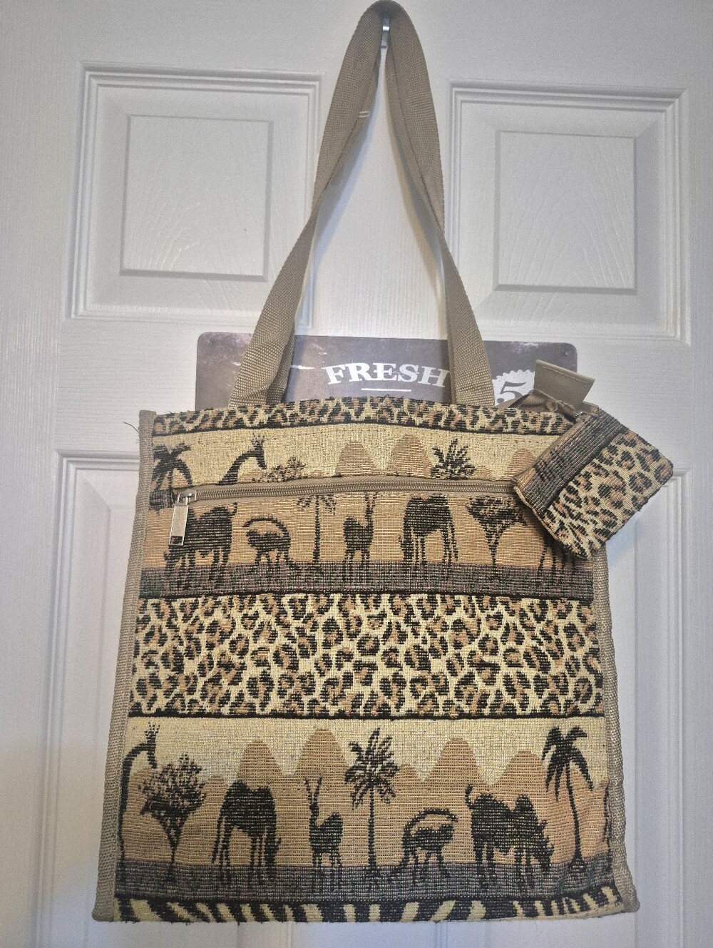 Safari Print Tote Bag in Beige and Brown, Includes Coin Purse and Mesh Sides.
